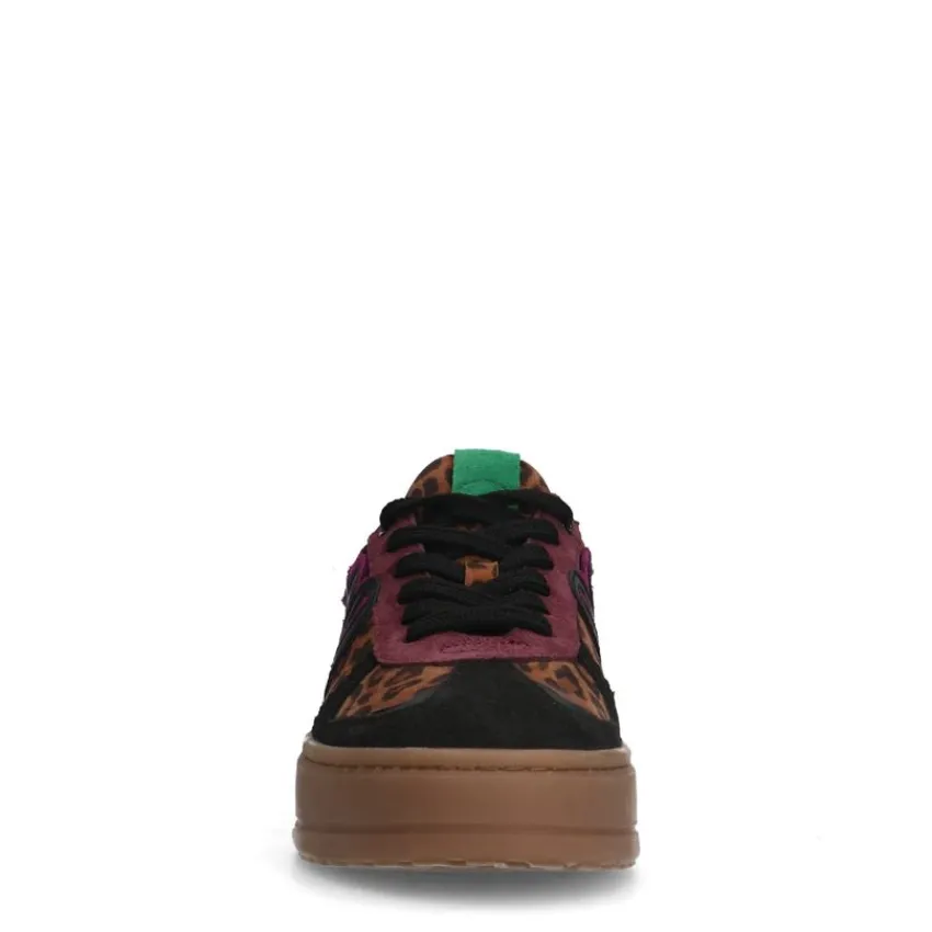 Manfield Zwarte leren panter sneakers^DAMES Sneakers