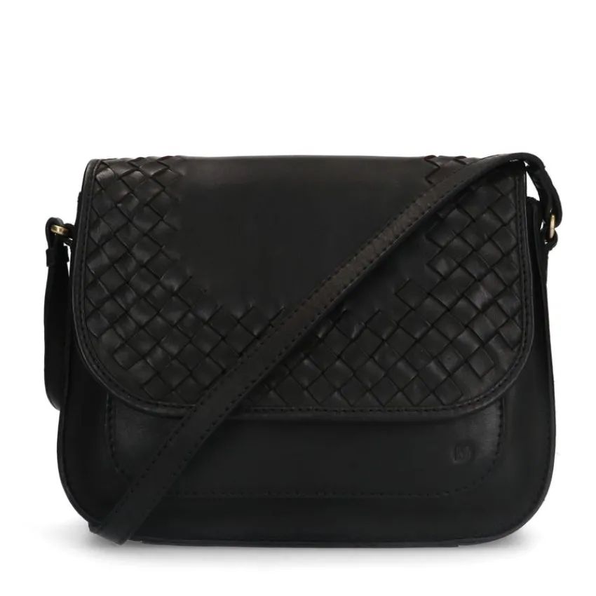 Manfield Zwarte leren schoudertas^ Schoudertassen