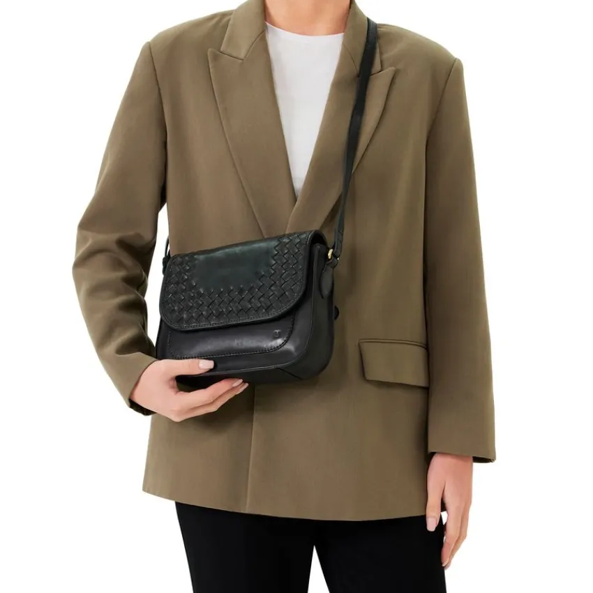 Manfield Zwarte leren schoudertas^ Schoudertassen