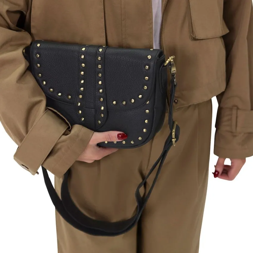 Manfield Zwarte leren schoudertas met gouden studs^ Schoudertassen