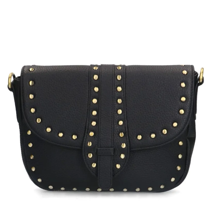 Manfield Zwarte leren schoudertas met gouden studs^ Schoudertassen
