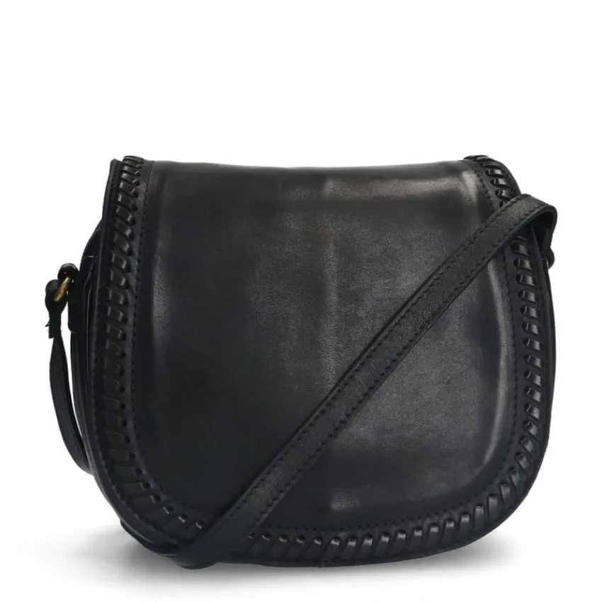 Manfield Zwarte leren schoudertas met gevlochten details^ Schoudertassen