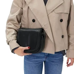 Manfield Zwarte leren schoudertas met gevlochten details^ Schoudertassen