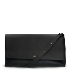 Manfield Zwarte leren schoudertas met flap^ Schoudertassen