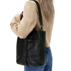 Manfield Zwarte leren shopper met crocoprint^ Handtassen