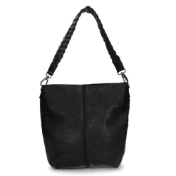 Manfield Zwarte leren shopper met crocoprint^ Handtassen
