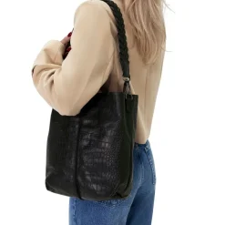 Manfield Zwarte leren shopper met crocoprint^ Handtassen