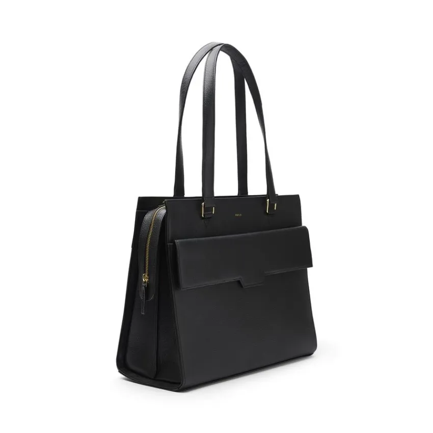 Manfield Zwarte leren shopper met zijvak^ Shoppers