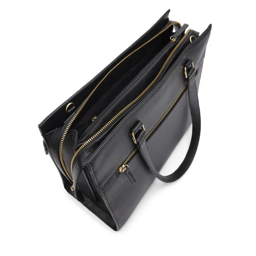 Manfield Zwarte leren shopper met zijvak^ Shoppers