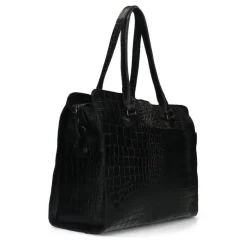 Manfield Zwarte leren shopper met crocoprint^ Shoppers
