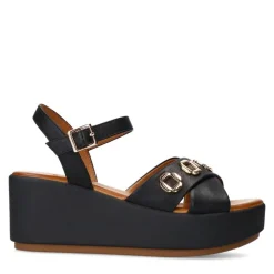 Manfield Zwarte leren sleehakken^DAMES Espadrilles|Sandalen