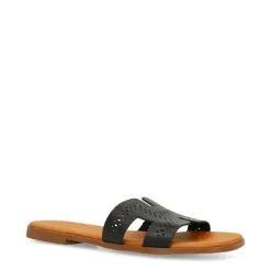 Manfield Zwarte leren slippers^DAMES Slippers