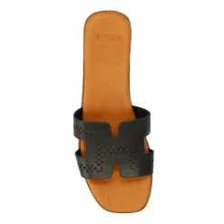 Manfield Zwarte leren slippers^DAMES Slippers