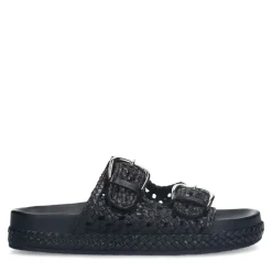 Manfield Zwarte leren slippers^DAMES Slippers