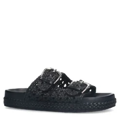 Manfield Zwarte leren slippers^DAMES Slippers