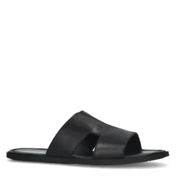 Manfield Zwarte leren slippers^Heren Slippers & Sandalen
