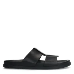 Manfield Zwarte leren slippers^Heren Slippers & Sandalen