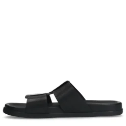 Manfield Zwarte leren slippers^Heren Slippers & Sandalen