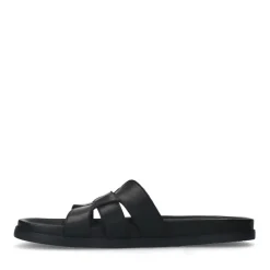 Manfield Zwarte leren slippers^Heren Slippers & Sandalen