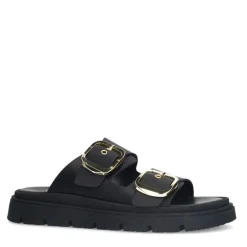 Manfield Zwarte leren slippers met gesp^DAMES Slippers