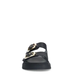 Manfield Zwarte leren slippers met gesp^DAMES Slippers