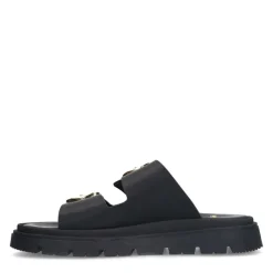 Manfield Zwarte leren slippers met gesp^DAMES Slippers