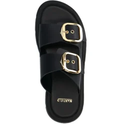 Manfield Zwarte leren slippers met gesp^DAMES Slippers