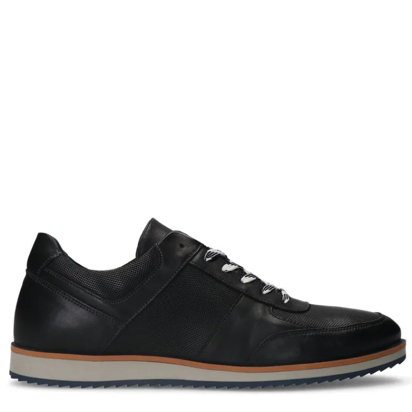 Manfield Zwarte leren sneakers^Heren Sneakers