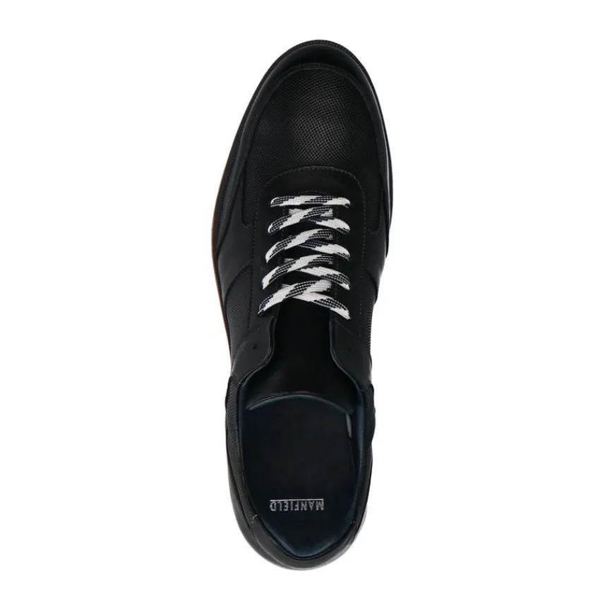Manfield Zwarte leren sneakers^Heren Sneakers