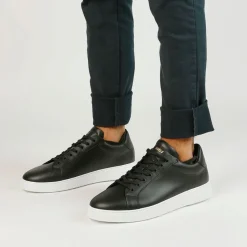 Manfield Zwarte leren sneakers^Heren Sneakers