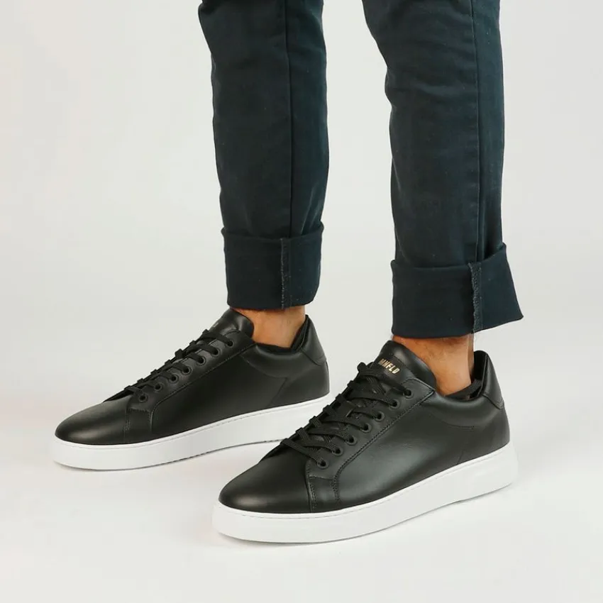 Manfield Zwarte leren sneakers^Heren Sneakers
