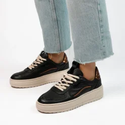 Manfield Zwarte leren sneakers^DAMES Sneakers