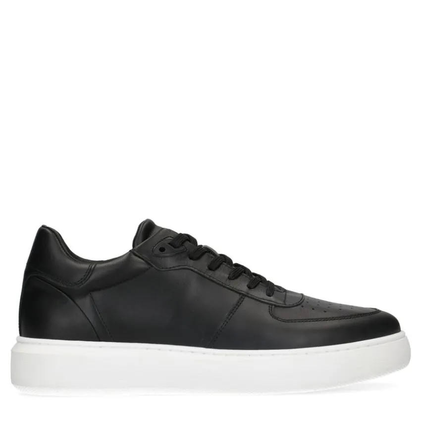 Manfield Zwarte leren sneakers^Heren Sneakers