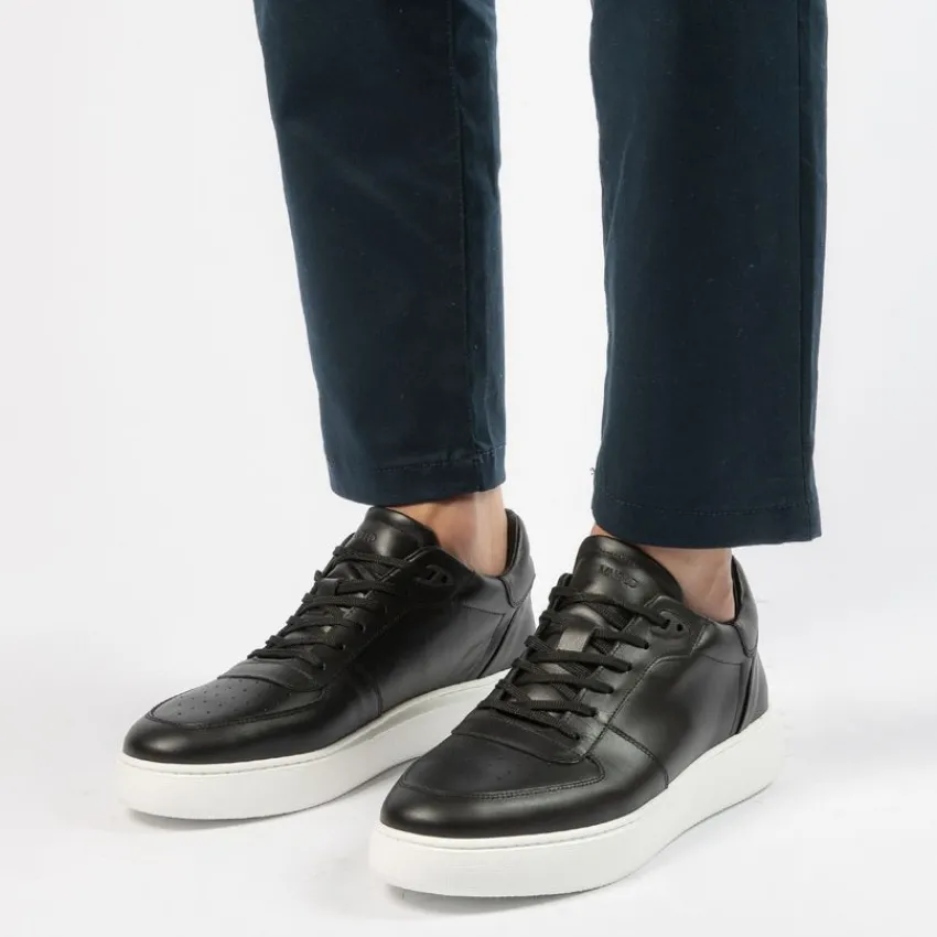 Manfield Zwarte leren sneakers^Heren Sneakers