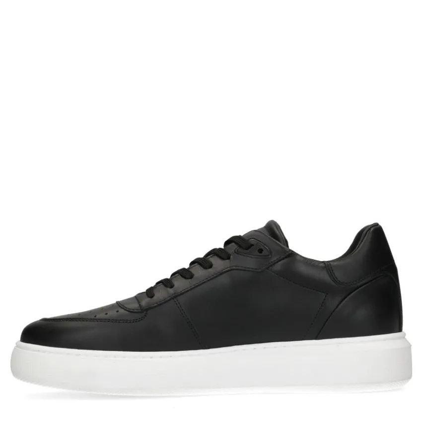 Manfield Zwarte leren sneakers^Heren Sneakers