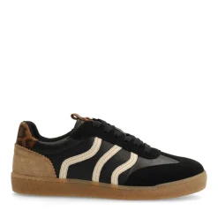 No Stress Zwarte leren sneakers met leopard details^DAMES Sneakers
