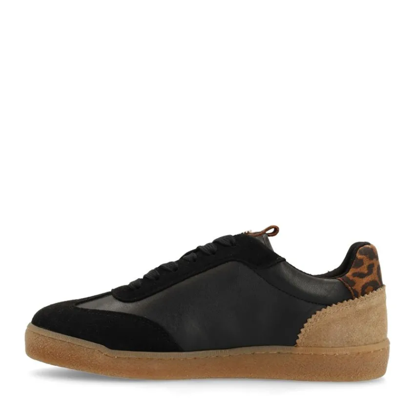 No Stress Zwarte leren sneakers met leopard details^DAMES Sneakers