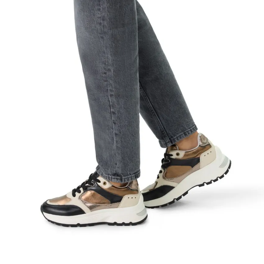 Manfield Zwarte leren sneakers met bronzen details^DAMES Sneakers