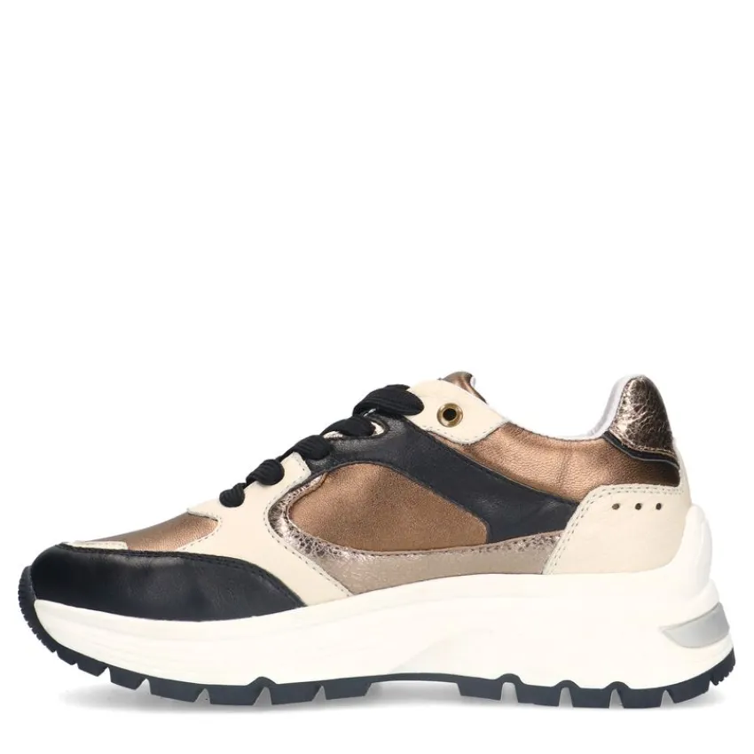Manfield Zwarte leren sneakers met bronzen details^DAMES Sneakers