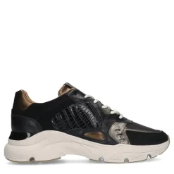 Manfield Zwarte leren sneakers met suède details^DAMES Sneakers