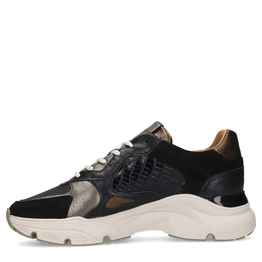 Manfield Zwarte leren sneakers met suède details^DAMES Sneakers