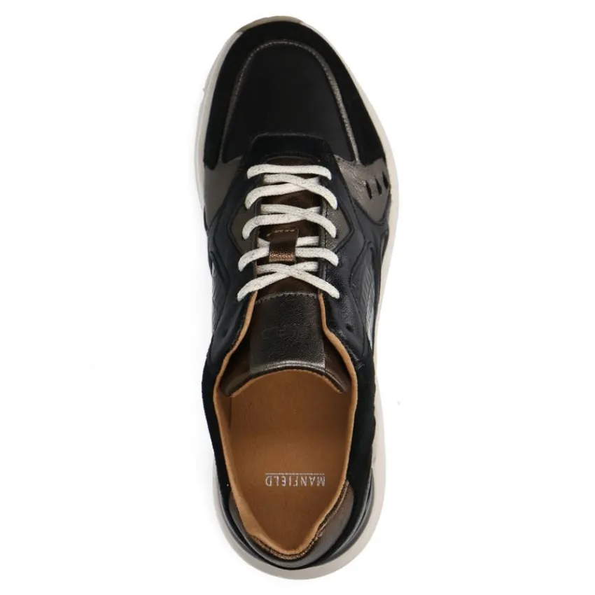 Manfield Zwarte leren sneakers met suède details^DAMES Sneakers