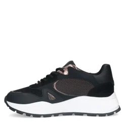 Manfield Zwarte leren sneakers met mesh details^DAMES Sneakers