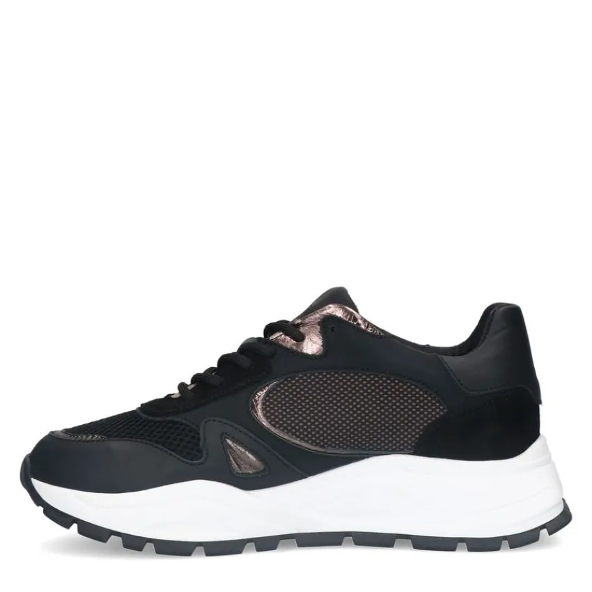 Manfield Zwarte leren sneakers met mesh details^DAMES Sneakers