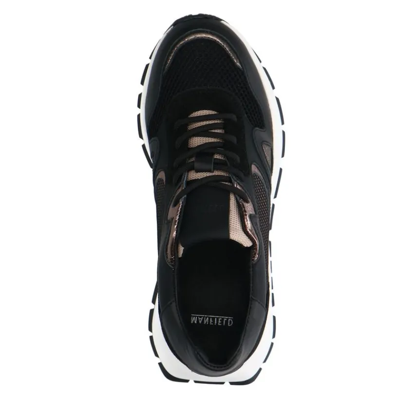 Manfield Zwarte leren sneakers met mesh details^DAMES Sneakers