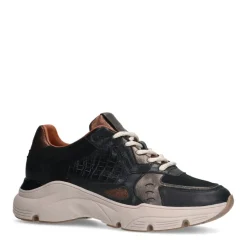 Manfield Zwarte leren sneakers met crocoprint^DAMES Sneakers