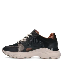Manfield Zwarte leren sneakers met crocoprint^DAMES Sneakers