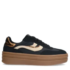 Manfield Zwarte leren sneakers met suède details^DAMES Sneakers