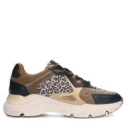 Manfield Zwarte leren sneakers met suède panter details^DAMES Sneakers