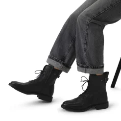 Manfield Zwarte leren veterboots^DAMES Enkellaarsjes